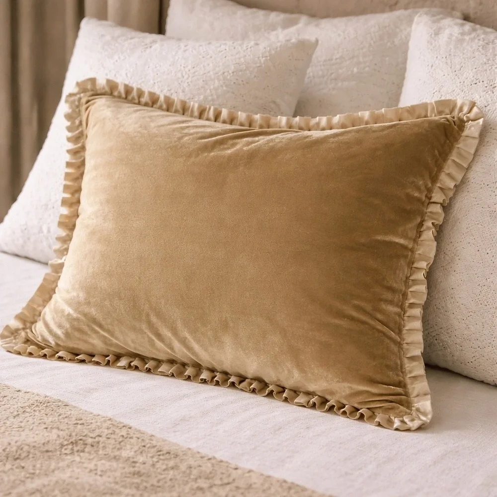 Ann Gish Velvet Pillow Sham Gold Champagne Ruffle Trim Luxury Bedding‎ 17x21
